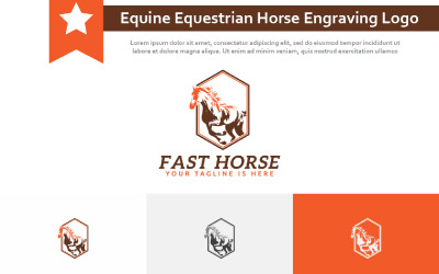 Modelo de logotipo retrô vintage estilo de gravura de cavalo equestre hexágono