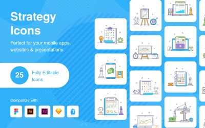 Stratégia lapos vonal ikonok csomag