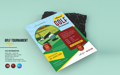 Modelo de panfleto de torneio de golfe para impressão. Photoshop, Word e Canva