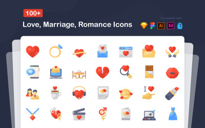 Pacote de ícones planos de amor e romance