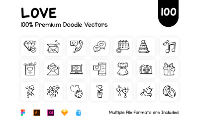 Pack de 100 iconos de amor dibujados a mano