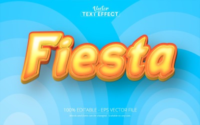 Fiesta: efecto de texto editable, estilo de texto de dibujos animados naranja y azul, ilustración gráfica