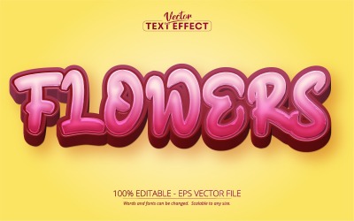 Flores: efecto de texto editable, estilo de texto de color rosa de dibujos animados, ilustración gráfica