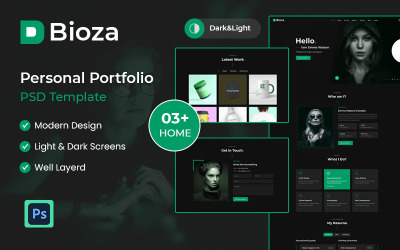 Modello PSD della pagina di destinazione del portfolio personale di Bioza