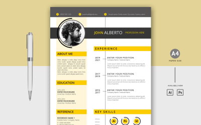 John Alberto - Plantilla de currículum imprimible en formato de CV creativo de color negro y amarillo