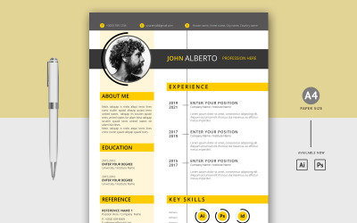 John Alberto - Zwarte en gele kleur Creatief CV-formaat Afdrukbare CV-sjabloon