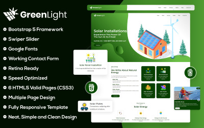 Szablon strony internetowej GreenLight i Eco Solar &amp;amp; Wind Energy Html5