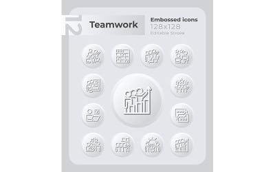 Teamwork In Workplace Embossed Icons Set
