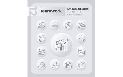 trabajo en equipo, en, lugar de trabajo, realzado, iconos, conjunto