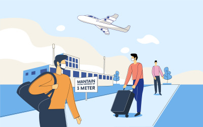 Utazási koncepció, emberek biztonságos távolságot tartanak a repülőtéren ingyenes vektoros illusztráció