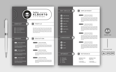 Modello di curriculum stampabile con layout CV a due pagine di colore nero