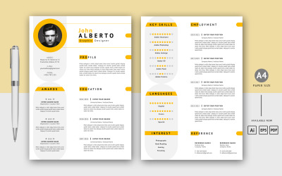 Plantilla de currículum imprimible con diseño de CV de dos páginas en color amarillo