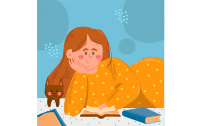 Zdarma dívka čte knihu s kočičí ilustrací