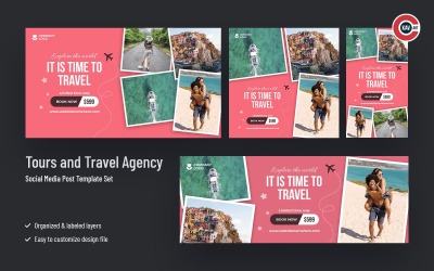 Conjunto de banners de redes sociales de agencias de viajes y viajes
