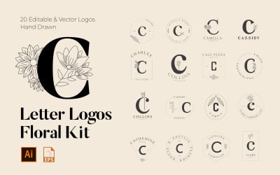 Kit de logotipos florais feitos à mão com letra C
