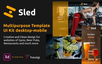 Schlitten | Fitnessstudios, Bier, Restaurants UI-Kit für Adobe XD