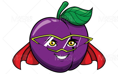 ciruela, superhéroe, mascota, vector, ilustración