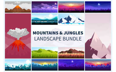 Pacchetto di illustrazioni di paesaggi di montagne e giungle