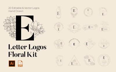 Kit de logotipos hechos a mano florales con letras E