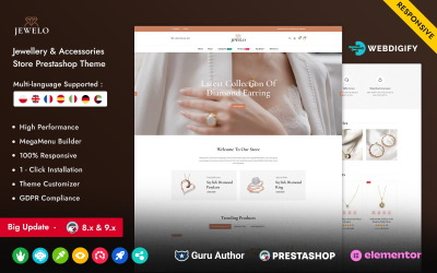 Jewelo - Ювелірні вироби та аксесуари Багатоцільовий адаптивний Prestashop Магазин Elementor