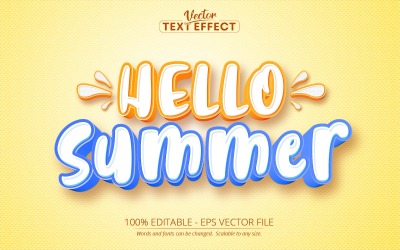 Hej sommar - redigerbar texteffekt, tecknad gul och blå färgtextstil, grafikillustration