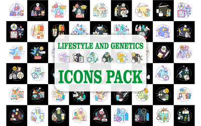 Iconos de concepto de evaluación de estilo de vida y genética del paciente establecidos para un tema claro y oscuro