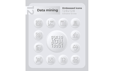 Conjunto de ícones em relevo de mineração de dados