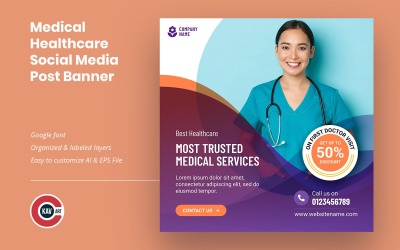 Modelo de postagem de mídia social e banner da Web de serviços de saúde médica