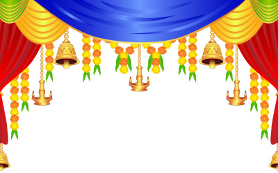 Декоративные шторы с цветами, колокольчиками и лампами, векторная иллюстрация