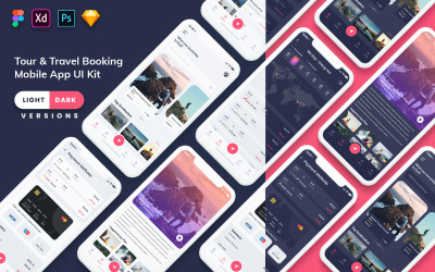 Interfaccia utente dell&amp;#39;app mobile per prenotazione di tour e viaggi (chiaro e scuro)