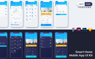 Interfejs użytkownika aplikacji mobilnej Smart Home (jasny i ciemny)