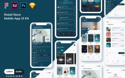 Kiskereskedelmi áruház mobilalkalmazás UI Kit (világos és sötét)