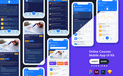 Sada uživatelského rozhraní mobilní aplikace online kurzů (světlá a tmavá)