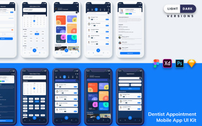 Sada uživatelského rozhraní mobilní aplikace pro jmenování zubního lékaře (světlá a tma)