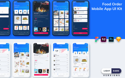 Sada uživatelského rozhraní mobilní aplikace pro objednávku jídla (světlá a tmavá)