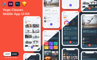 UI-kit voor mobiele apps voor yogalessen (licht en donker)