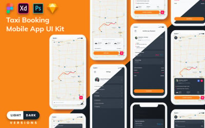 Uživatelské rozhraní mobilní aplikace pro rezervaci taxi (světlé a tmavé)