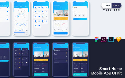 Uživatelské rozhraní mobilní aplikace Smart Home (světlé a tmavé)