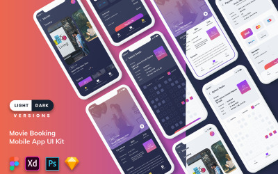 Zestaw UI aplikacji mobilnej do rezerwacji filmów (jasny i ciemny)