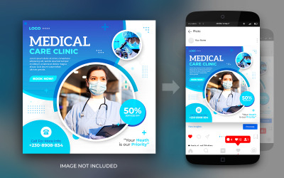 Clínica de cuidados médicos Saúde Mídia Social ou Instagram Post Banner Modelo de Design de Anúncios de Folheto