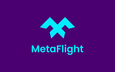 Minimalna koncepcja projektowania logo biura podróży MetaFlight