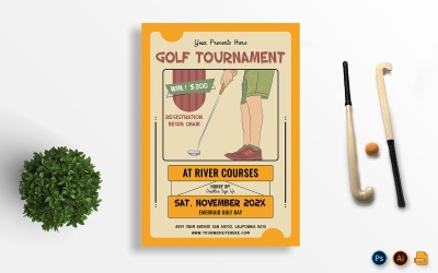 Flyer de tournoi de golf imprimé A4 et modèle de médias sociaux