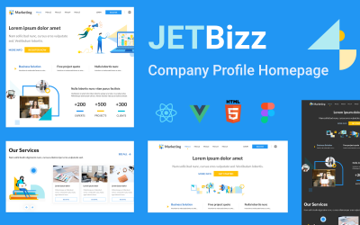 JetBizz - React Vue HTML- en Figma Marketing-bestemmingspaginasjabloon