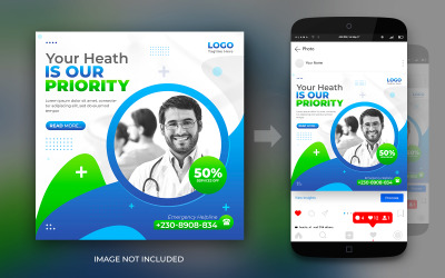 Banner piatto medico sanitario o modello di progettazione di annunci di volantini quadrati per post sui social media di Instagram