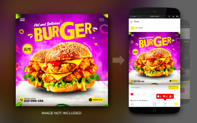 Közösségi média Burger élelmiszer-promóciós bejegyzés és Instagram banner tervezősablon