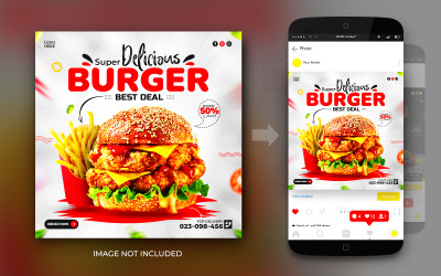 Modèle de conception de bannière de poste de promotion alimentaire de hamburger au fromage frit et au poulet sur les médias sociaux