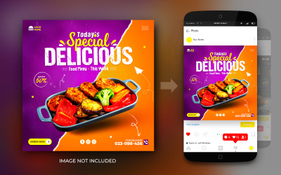 Publicación de promoción de comida deliciosa en redes sociales y plantilla de diseño de publicación de banner de Instagram