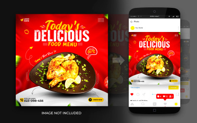 Рекламный пост о вкусной еде в социальных сетях и шаблон оформления баннера в Instagram