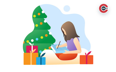 Girl Decorating Christmas Tree With Greetings &amp;amp; Gifts