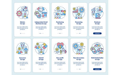 Conjunto de pantalla de aplicación móvil de incorporación de tipos de cooperativas comerciales
